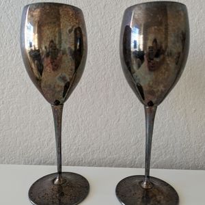 Pair of Vintage E. L. Delberti Italy Silverplated Pewter Goblets With Patina